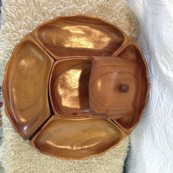 VINTAGE MCM Lazy Susan, Snack Server, Teak or Monkeypod. 4 Snack trays; Mid tray - Picture 5 of 5